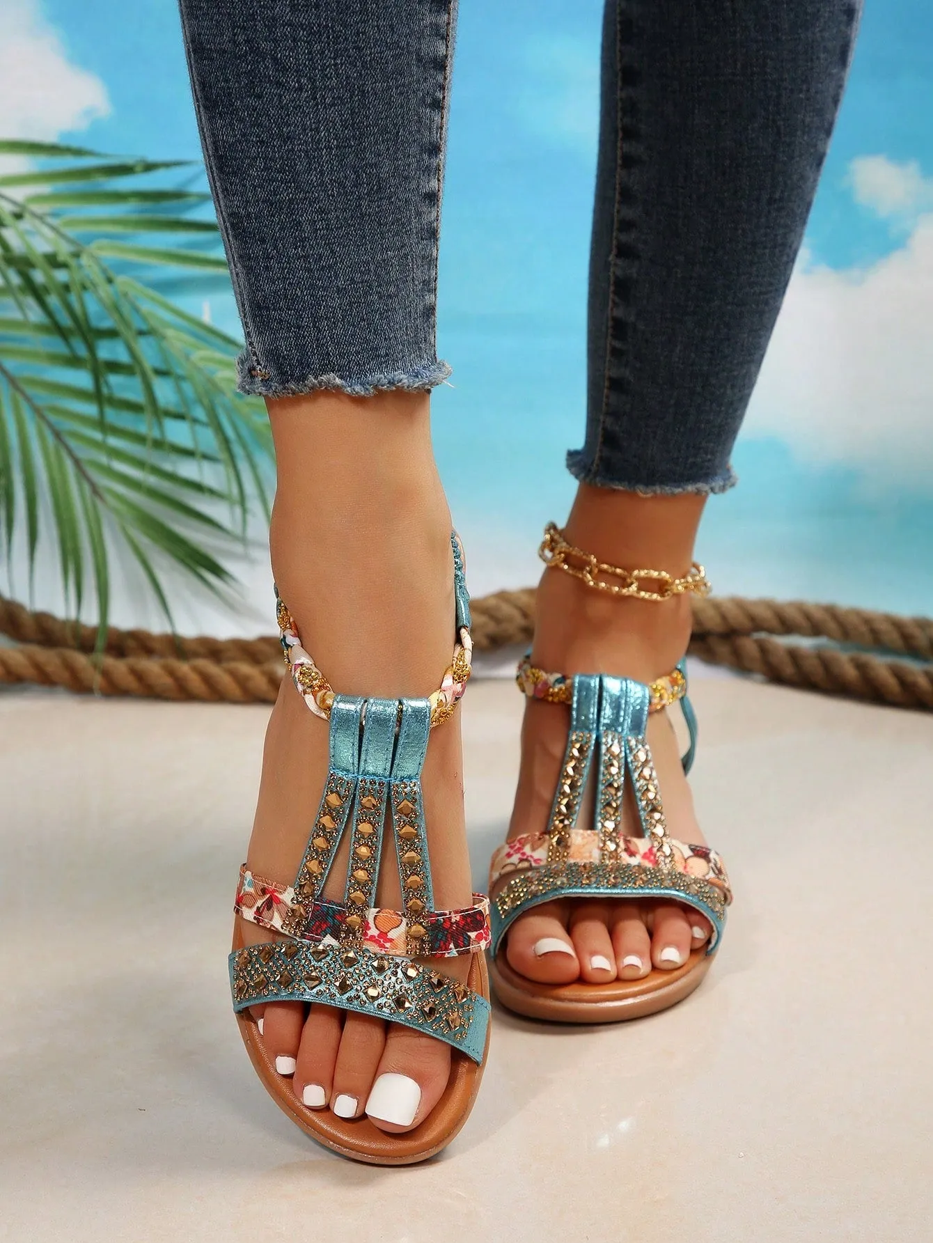 Braided Slingback Wedge Sandals with Rhinestone Decor