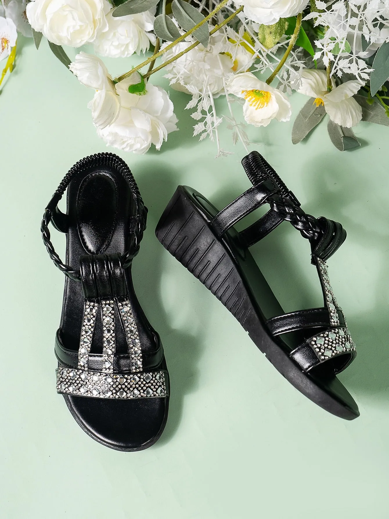 Braided Slingback Wedge Sandals with Rhinestone Decor