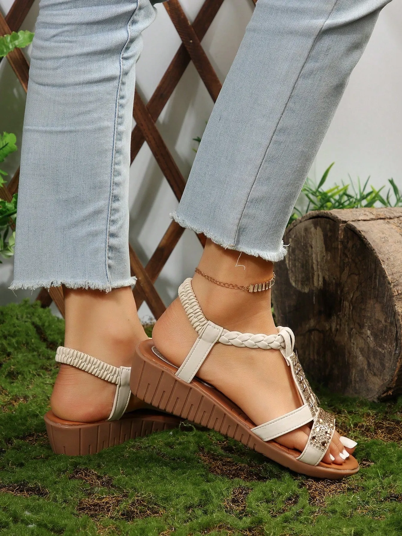 Braided Slingback Wedge Sandals with Rhinestone Decor