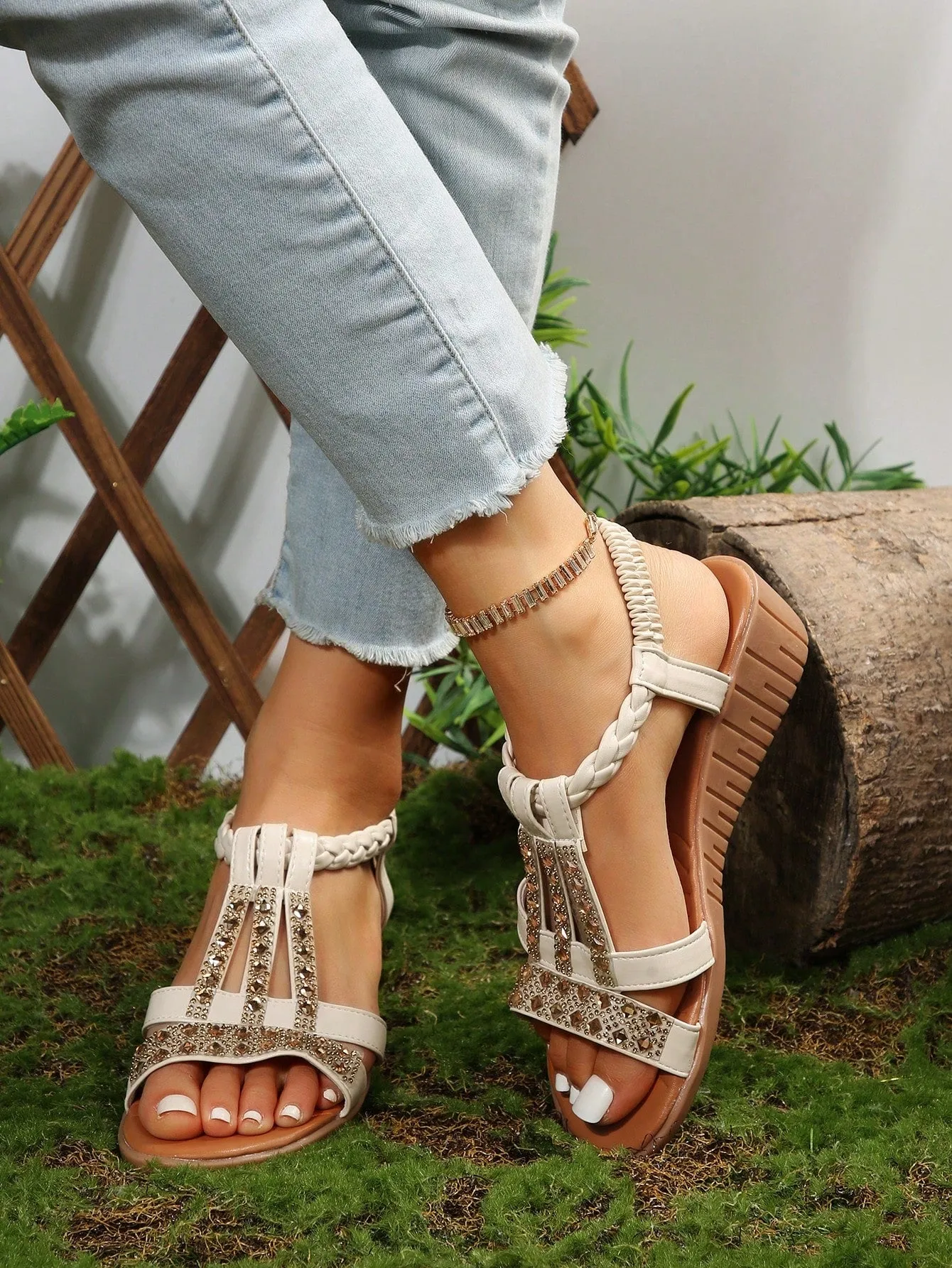 Braided Slingback Wedge Sandals with Rhinestone Decor