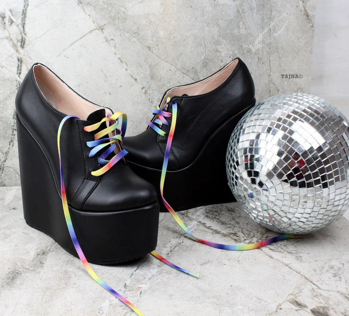 Rainbow Lace Up Black Wedge Shoes