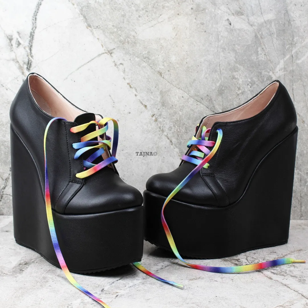 Rainbow Lace Up Black Wedge Shoes