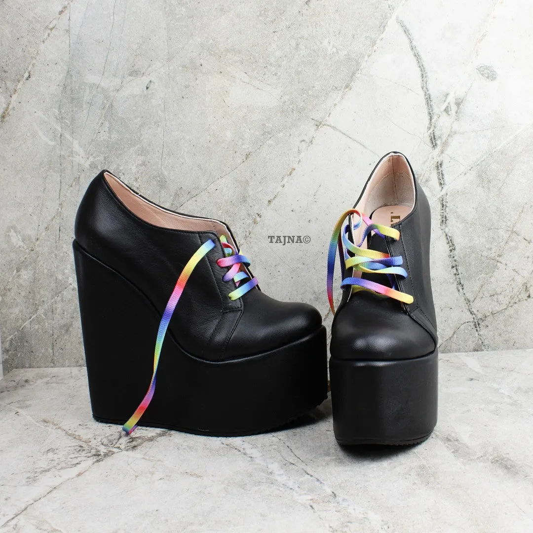 Rainbow Lace Up Black Wedge Shoes