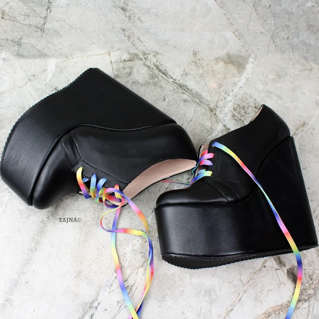 Rainbow Lace Up Black Wedge Shoes